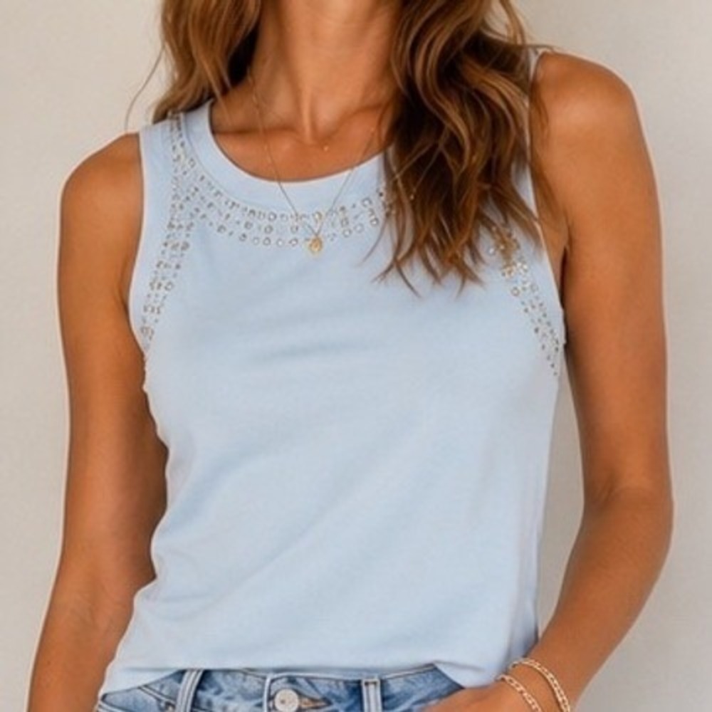 Muy Muy Light Blue Studded Sleeveless Top Crew Neck Embellished Tank L Glam